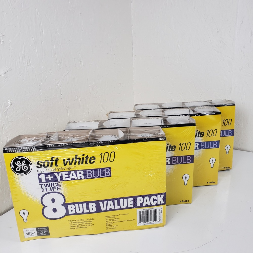 GE Soft White 100W Light Bulbs A19 32 Count Lot 4x 8-Bulb Value Packs 1530 Lumen
